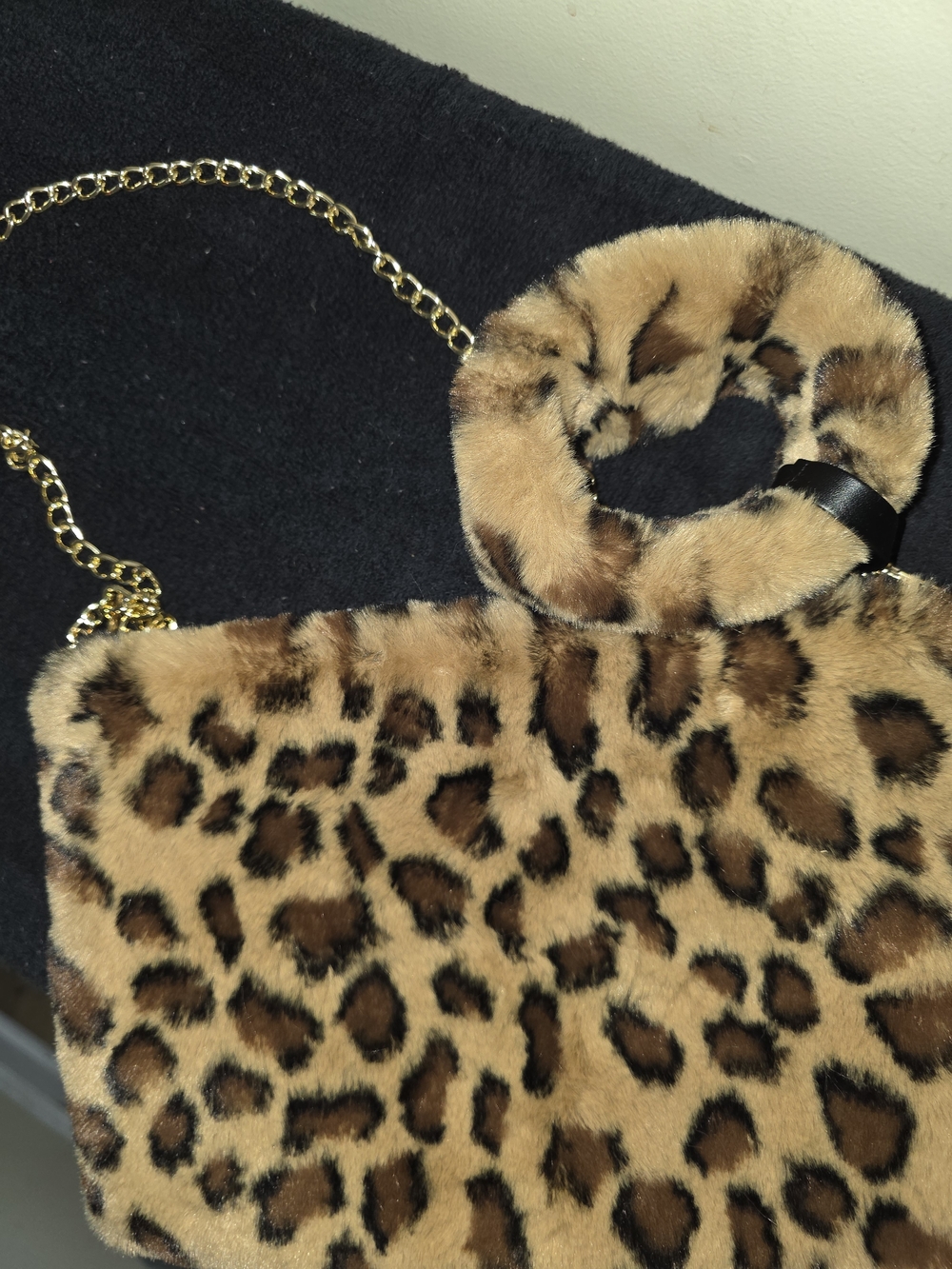 Leopard Print Faux Fur Crossbody Bag with Gold Chain